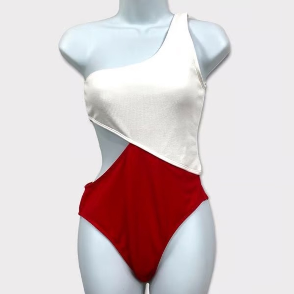ZAFUL Ribbed 2-Tone Block One Shoulder One Piece Swimsuit, red and white, Size S